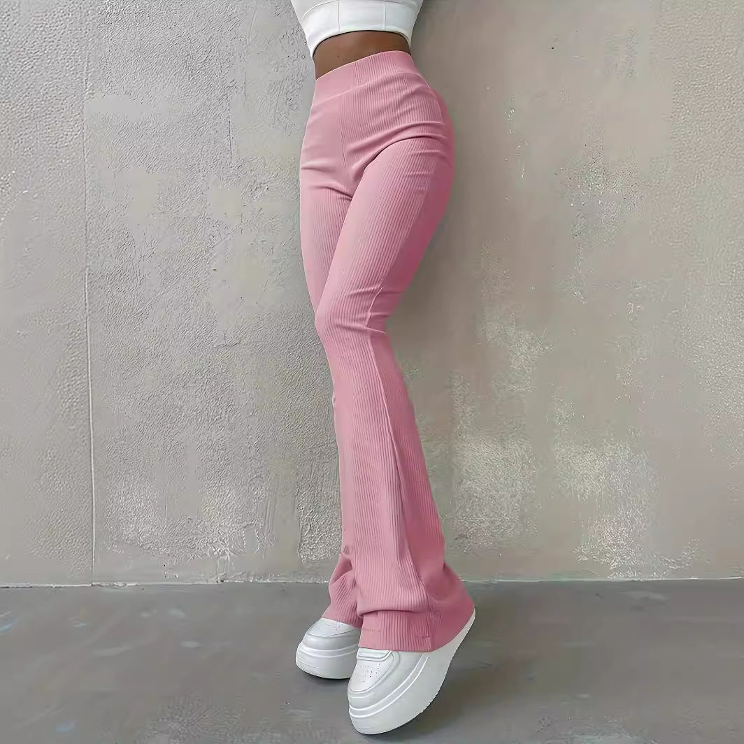 Casual Rib Simple Slim Fit Leggings Solid Color High Waist Fashion Trousers