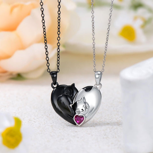 Couple Stitching Love Black And White Cute Cat Necklace