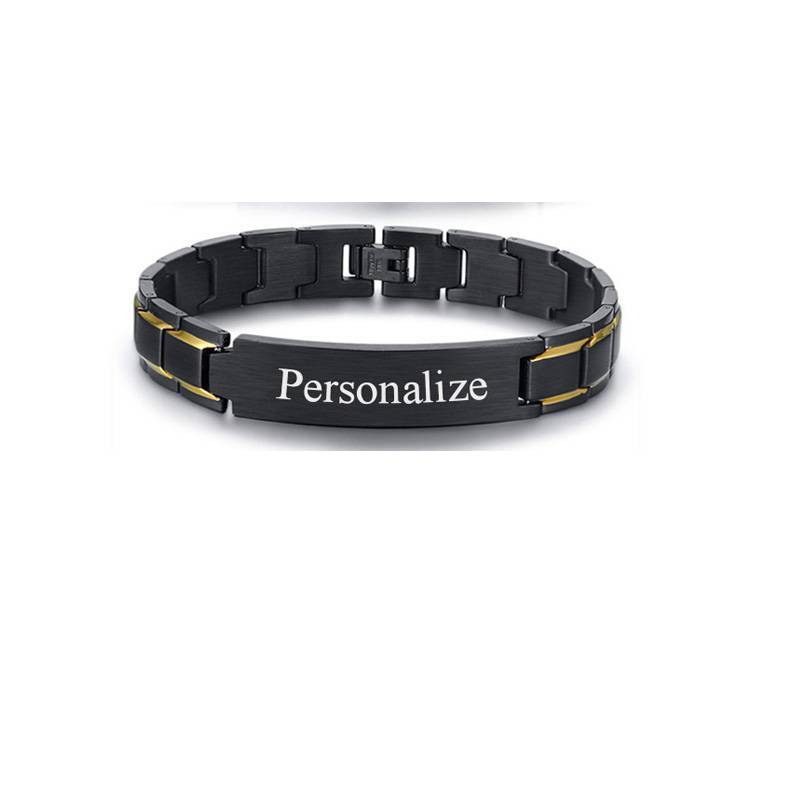 Custom Engraving Heavy Chain Bracelet 12mm Men's Black Matt Finish Curved Bar Charm Bracelet in Stainless Steel