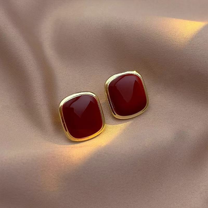 French Retro Square Red Stud Earring