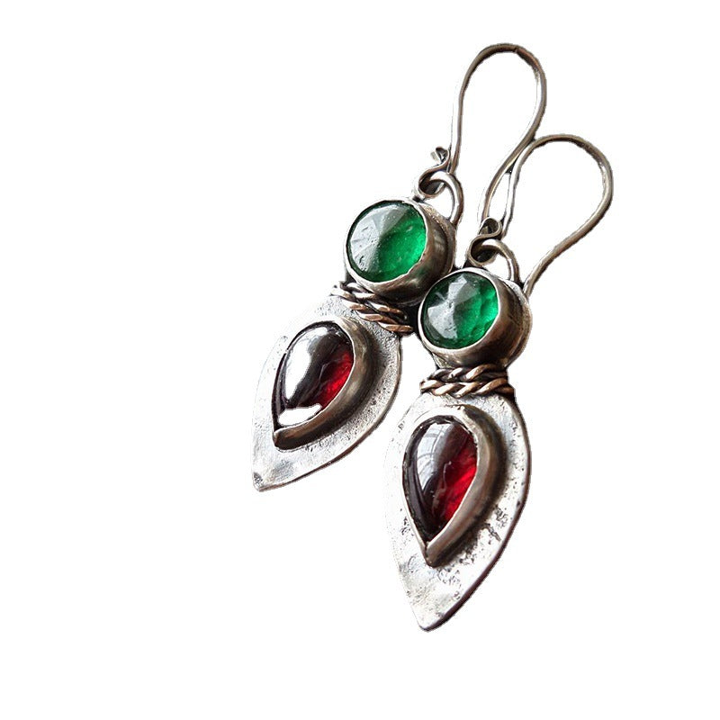 Geometric Simple Round Water Drop Red And Green Inlaid Vintage Earrings