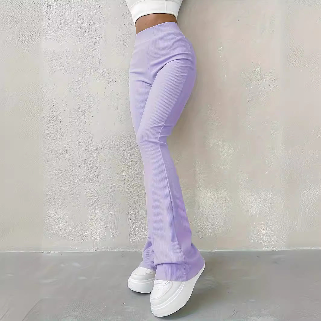 Casual Rib Simple Slim Fit Leggings Solid Color High Waist Fashion Trousers